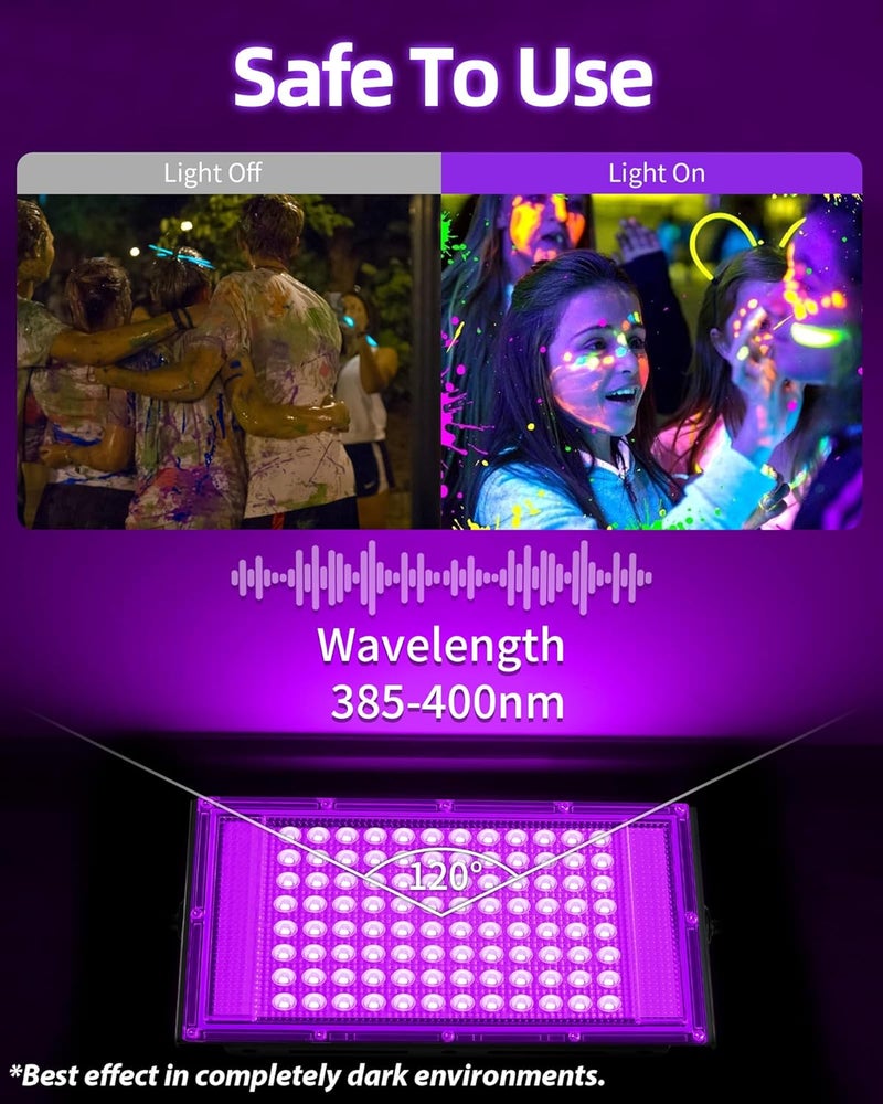 THECHAM Store 100W LED Black Lights IP66 Waterproof Black Light Outdoor with 5.9ft Plug+Switch,Flood Blacklight for Halloween Glow in The Dark Party Stage Light Neon Glow Birthday 2 Pack - Image 5